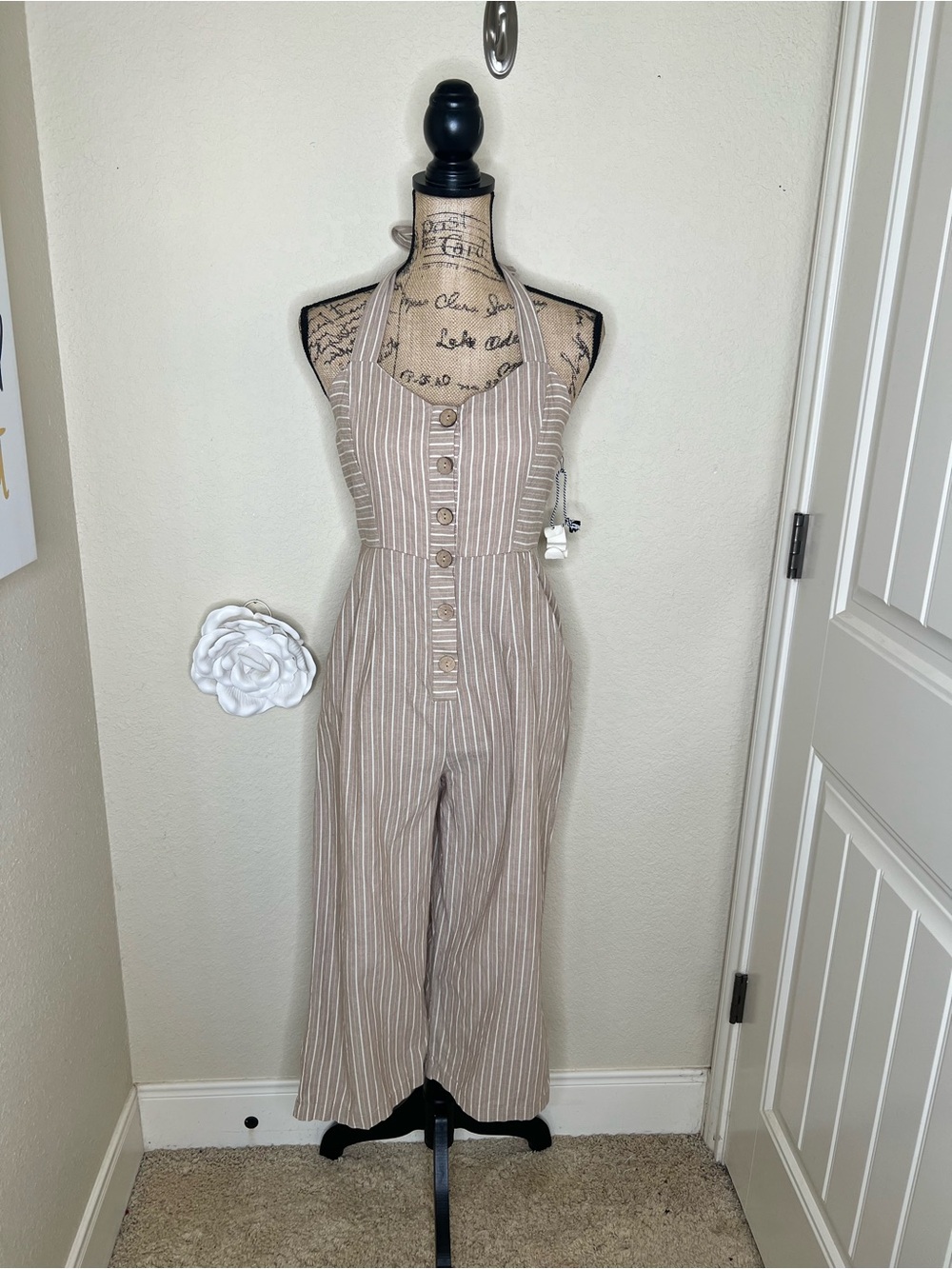 NTM: Story On Striped Halter Wide Leg Jumpsuit Cotton Beige White Size L NWOT